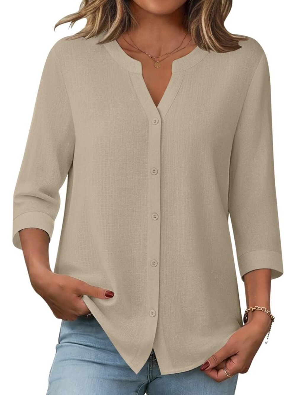 Women's Apricot Button Down Sleeve Linen Cotton V Neck Casual Loose Work Blouses
